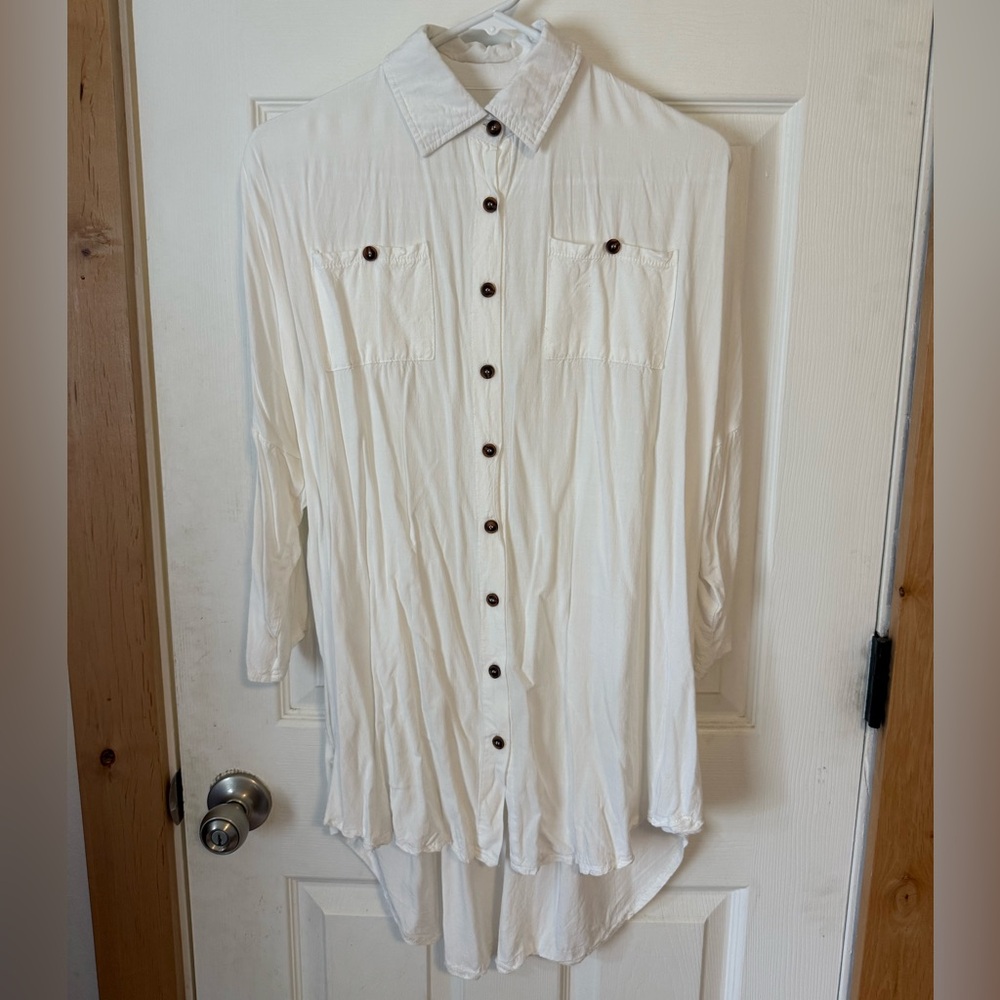 White Button-Up Shirt Tunic Blouse Rayon 3/4 sleeves Hi-Lo Mini Dress